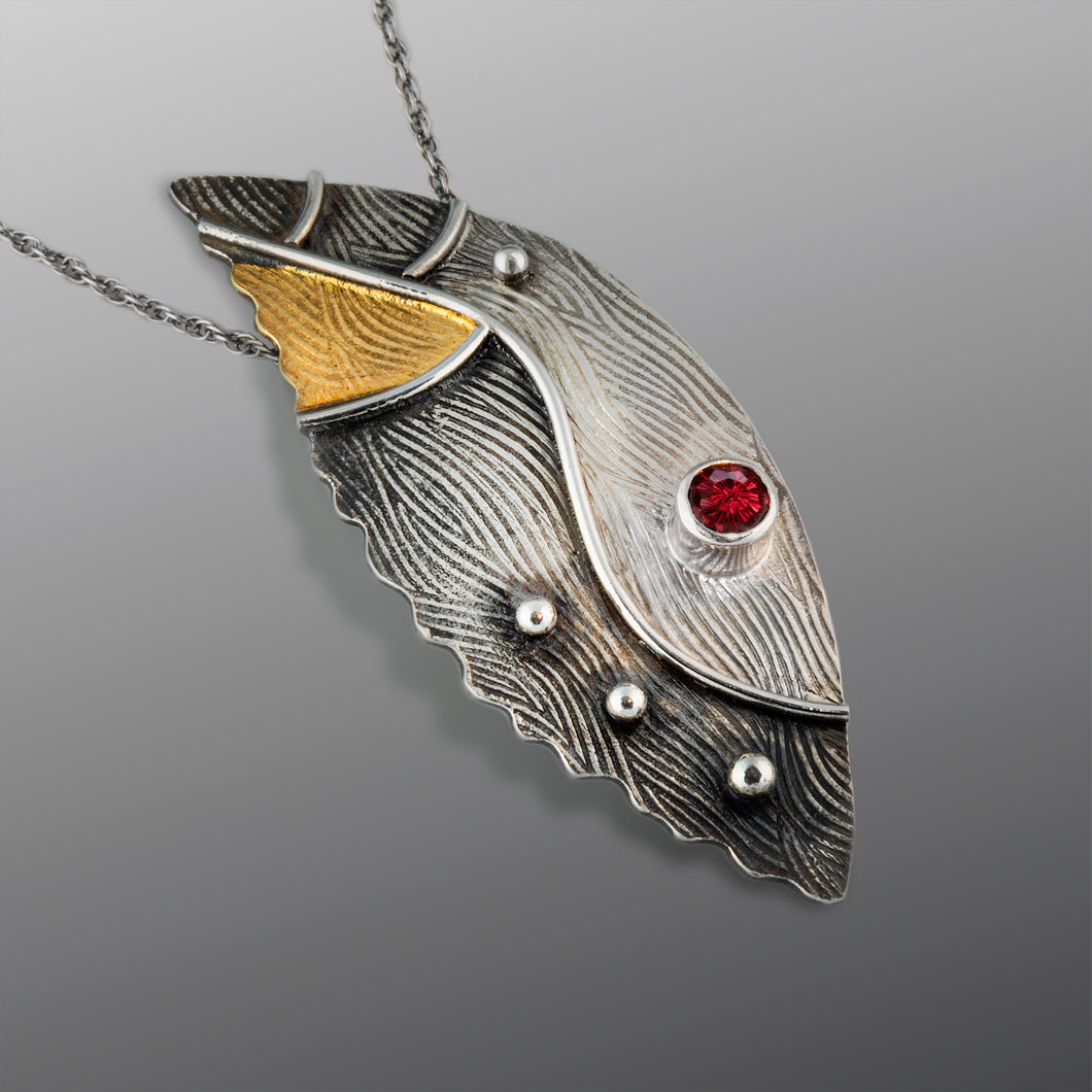 Abstract Silver Leaf with Red Garnet and 24K Gold Foil